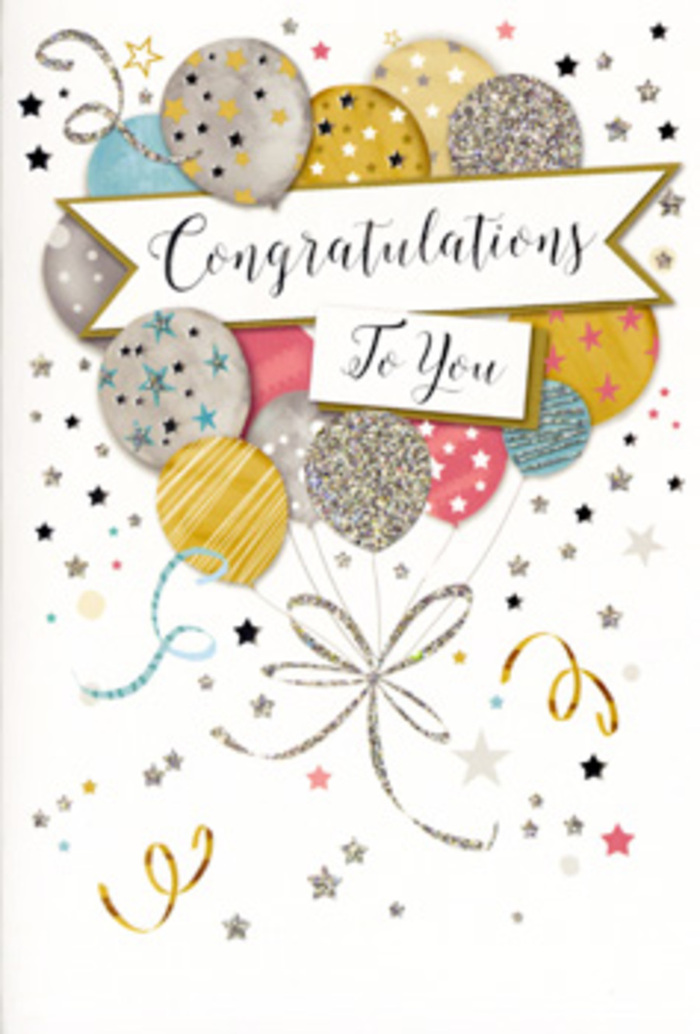 The congratulations card in this image radiates a refined, sparkling joy, much like the gentle buzz of Bermondsey in the early evening after work. A generous cluster of balloons is the heart of the design, rising from the lower part of the card and filling the composition with rounded, uplifting shapes. Each balloon is illustrated with meticulous detail: soft washes of gold, silver, champagne, sky blue, blush pink, and pale grey create a sophisticated palette, while delicate metallic stars, glitter-like speckles, and fine stripes add a playful yet elegant touch. The balloons overlap slightly, giving the impression of a full, abundant bouquet much like a carefully layered floral arrangement. Thin, curling ribbons in shimmering gold and silver stream from the balloons, trailing downwards and looping gracefully across the design, their flowing lines echoing the paths through local spots like Leathermarket Gardens. Across the centre of the imagery, a banner unfurls with poise, carrying the words "Congratulations To You" in ornate calligraphy that feels both contemporary and timeless. The script sits comfortably against a soft background, which is scattered with tiny stars, confetti-like dots, and swirling accents that mimic the joyful chaos of a celebration in full swing. There is a sense of lightness to the entire card, as though the balloons might lift off the page at any second, yet the message itself feels grounded and sincere. From a florist's perspective in Bermondsey, this card works beautifully alongside a celebratory bouquet delivered for promotions, exam successes, or new beginnings, offering a visual expression of pride, admiration, and shared happiness that lingers long after the flowers are placed in water.