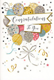 In this detailed illustration of a congratulations card, an airy bouquet of balloons floats at the centre, as bright and uplifting as the atmosphere around Bermondsey on a weekend when friends gather to celebrate good news. The balloons are rendered in soft metallic and pastel shades-glowing gold, polished silver, champagne, sky blue, blush pink, and gentle grey-each decorated with its own pattern of twinkling stars, glitter-like flecks, or slender stripes. They overlap and nestle together like a thoughtfully arranged floral display, giving the image fullness and a sense of depth. Fine ribbons unfurl from the base of the balloon cluster, drawn in sweeping lines of gold and silver that twist and curl gracefully, evoking the movement of streamers catching a light breeze along the nearby riverside walk. Across the middle of the design, a flowing banner bears the phrase "Congratulations To You" in elegant, looping script, the letters carefully spaced as if handwritten for someone truly special. The background remains calm and pale, sprinkled with tiny metallic stars, swirling curls, and confetti-like dots that add sparkle without overwhelming the central message. The lighting effect is subtle, suggesting a gentle glow that makes the balloons appear softly illuminated, almost three-dimensional, as though they might drift off the card. The overall mood is unashamedly joyful yet tasteful, perfect for marking a promotion, graduation, or any proud moment in life. As a florist in Bermondsey often pairing such cards with hand-tied bouquets for same-day delivery, I see this design as an ideal companion to flowers, translating the feeling of heartfelt congratulations into a visual celebration that the recipient can treasure long after the big day.